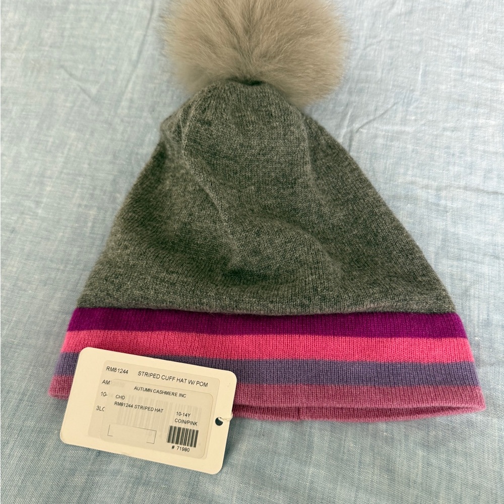 Autumn Cashmere Gray and Pink Striped Kids Hat with Pom NWT
